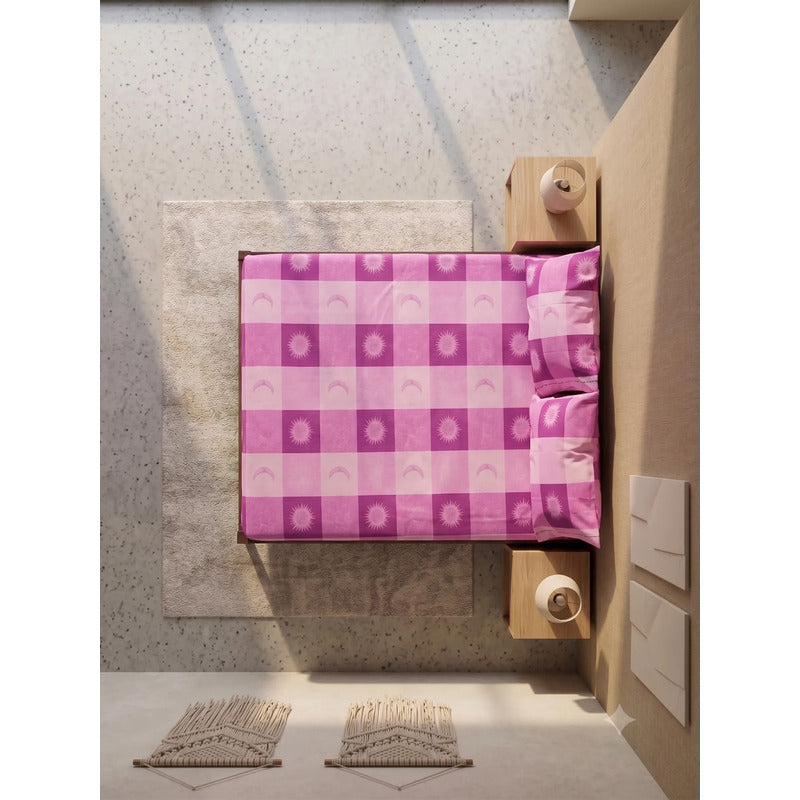 Sábana De Cajón Matrimonial +2 Fundas De Almohada Algodón Violeta Sol Y Luna Morado