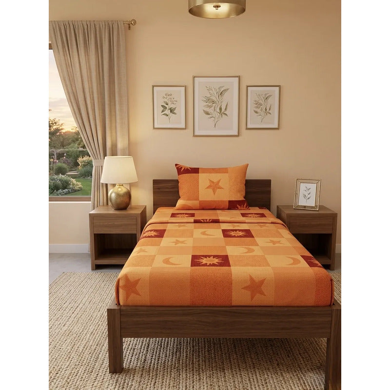 Juego De Sábana Mariol Individual 100% Algodón Premium Naranja Soy Y Estrellas Naranja