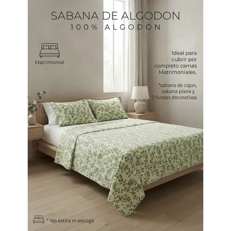 Juego De Sabana Matrimonial 100% Algodón Suaves Y Frescas Verde Claro Floresta Verde