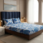 Sábana De Cajón Matrimonial +2 Fundas De Almohada Algodón Azul Acero Circular Azul