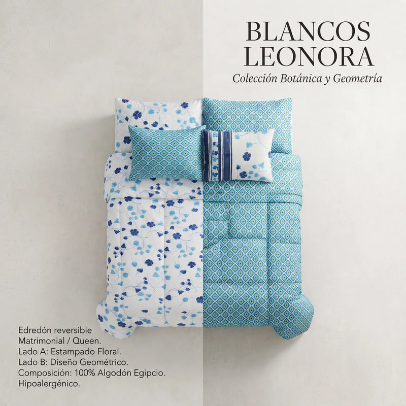Set 6pzas Edredón Matrimonial Acolchado + Juego De Sabanas Celeste Floral Índigo