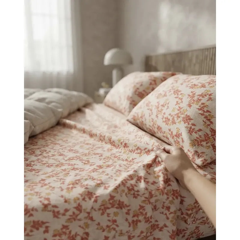 Juego De Sabanas Franela Mariol 100% Algodón Matrimonial Coral Claro Floresta Naranja