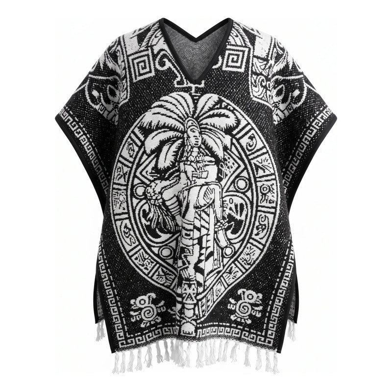 Jorongo Poncho Gaban Afelpado Unitalla Artesanal Grande Negro Azteca Y Grecas 1mx1m
