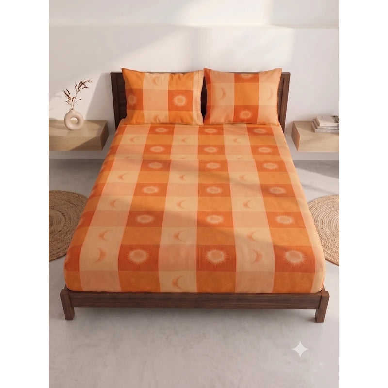 Sábana De Cajón Matrimonial +2 Fundas De Almohada Algodón Naranja Sol Y Luna Naranja