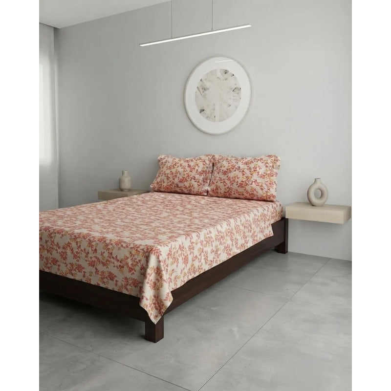 Juego De Sabanas Franela Mariol 100% Algodón Matrimonial Coral Claro Floresta Naranja