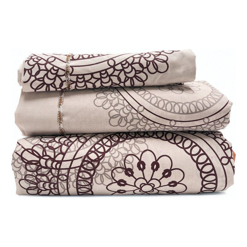 Juego De Sábanas Individual Leonora Percal Algodón 144 H. Suela Mandala Beige