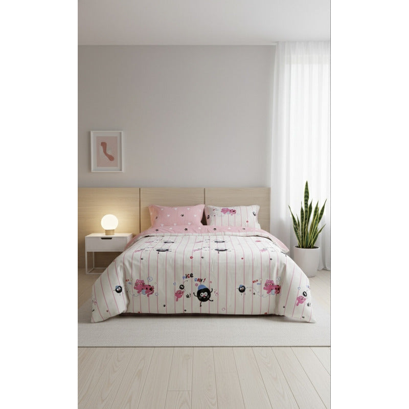 Edredón Premium Duvet Dos Vistas Matri Con Relleno Incluido Rosa Gatito Piojito Algodón Alta Densidad
