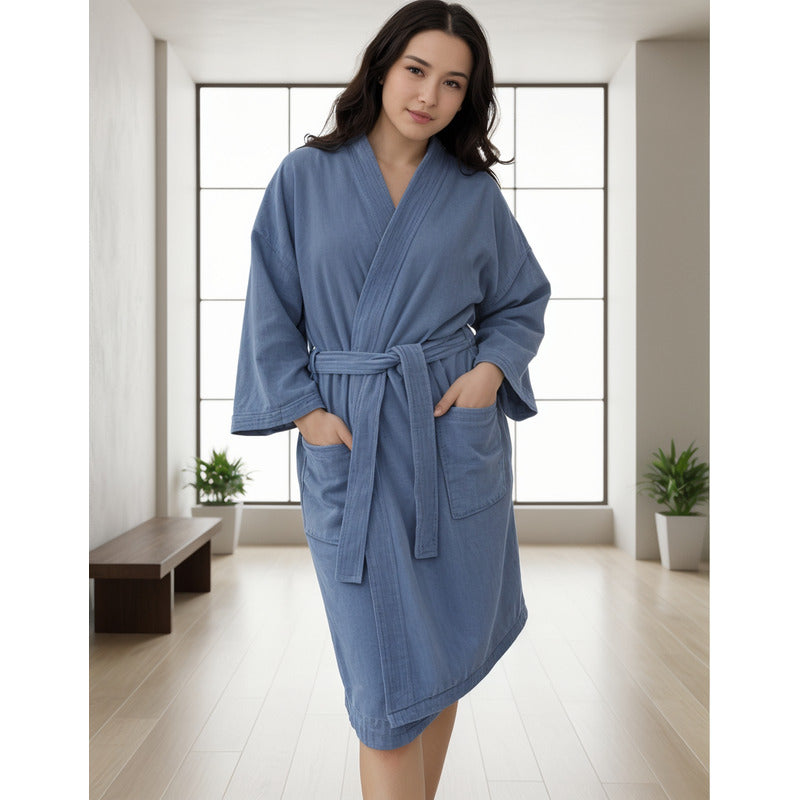 Bata De Baño Leonora Rasurada 100% Algodón Super Absorbente Azul Azul Acero M-l