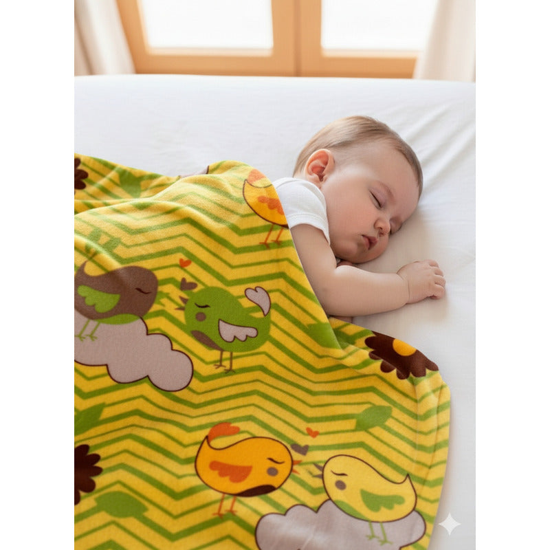 Cunero Leonora Tipo Borrega Calientito -bebé Tamaño Classic Pajaritos Amarillo