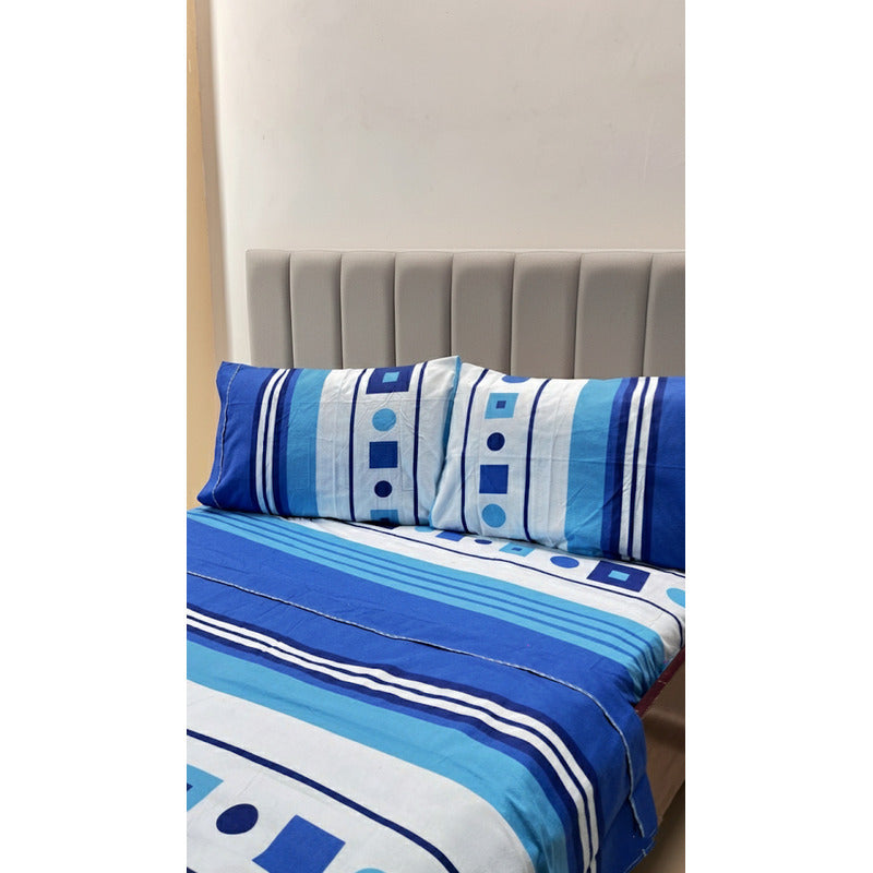 Juego De Sábanas Matrimonial Leonora Franela Planchada 2mts Azul Geométrico Azul