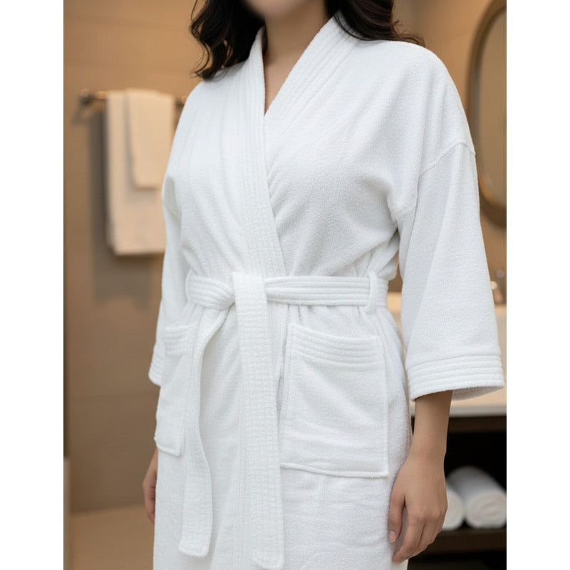 Bata De Baño Leonora Rasurada 100% Algodón Super Absorbente Blanco Lisa M-l