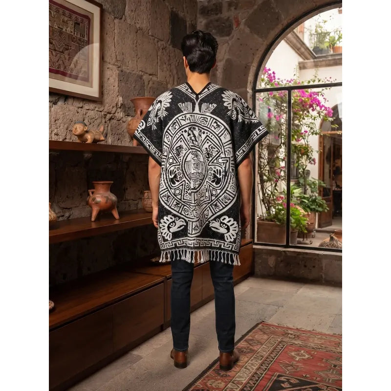 Jorongo Poncho Gaban Afelpado Unitalla Artesanal Grande Negro Azteca Y Grecas 1mx1m