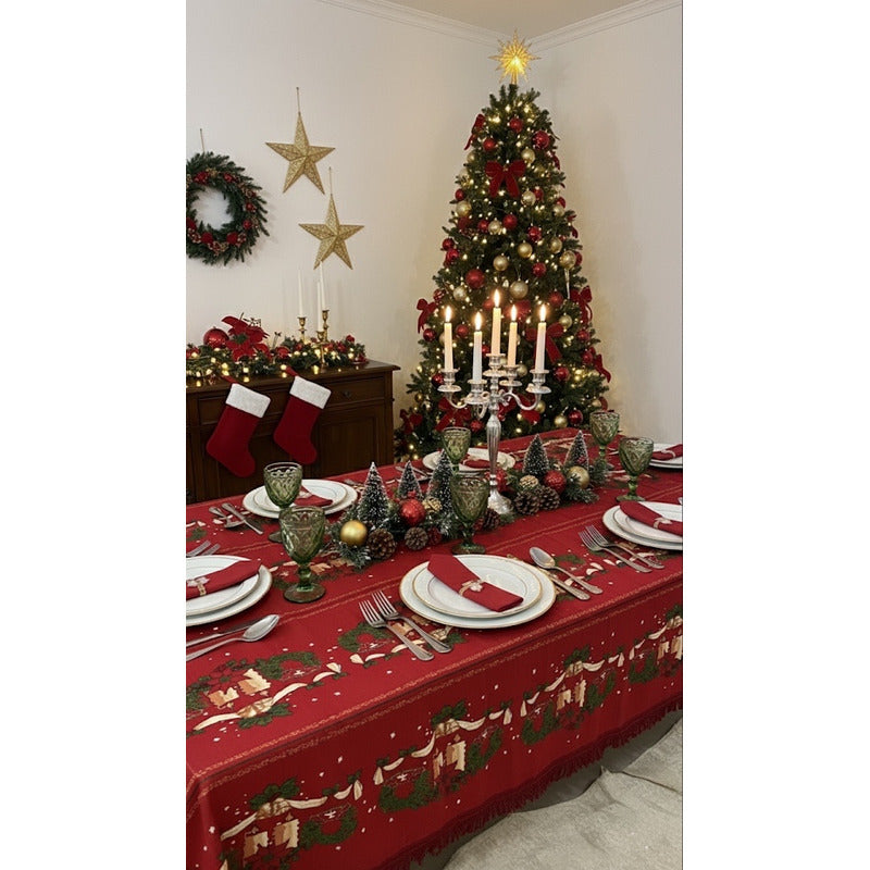 Mantel Navideño Leonora Rectangular 150x250 De Alta Calidad. Bordó Velitas Navideñas