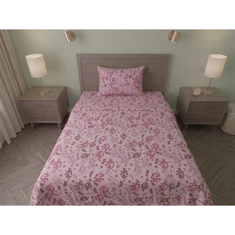 Juego De Sábana Bramante Individual Amanecer 100% Algodón Rosa Floresta Rosa