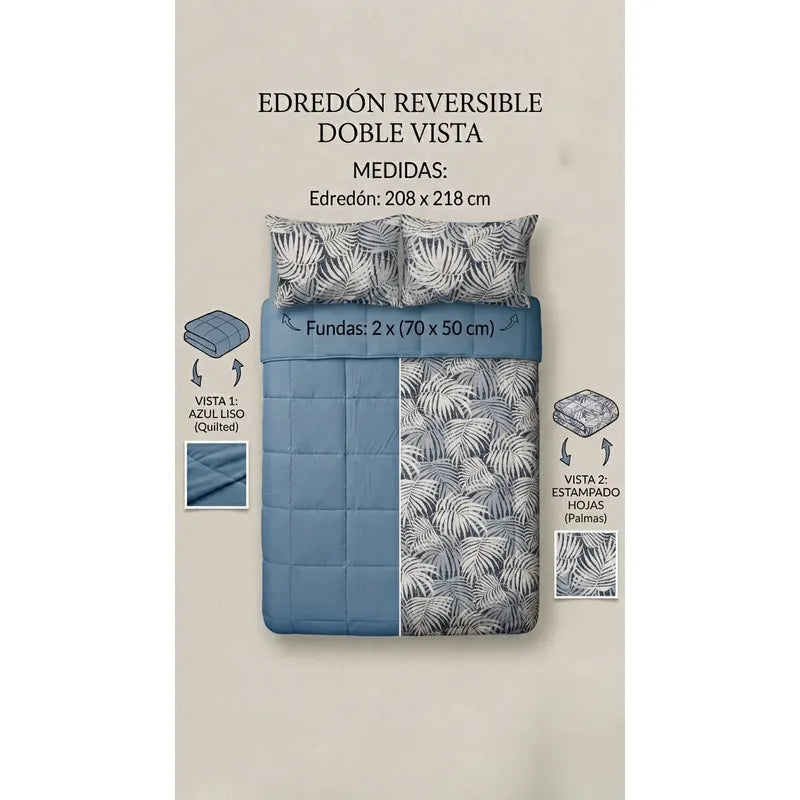 Edredón Acolchado Doble Vista Matrimonial Con Fundas Azul Palma Azul Marino