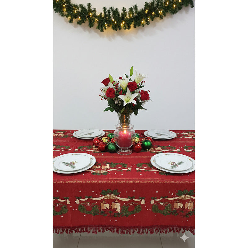 Mantel Navideño Leonora Rectangular 150x250 De Alta Calidad. Bordó Velitas Navideñas