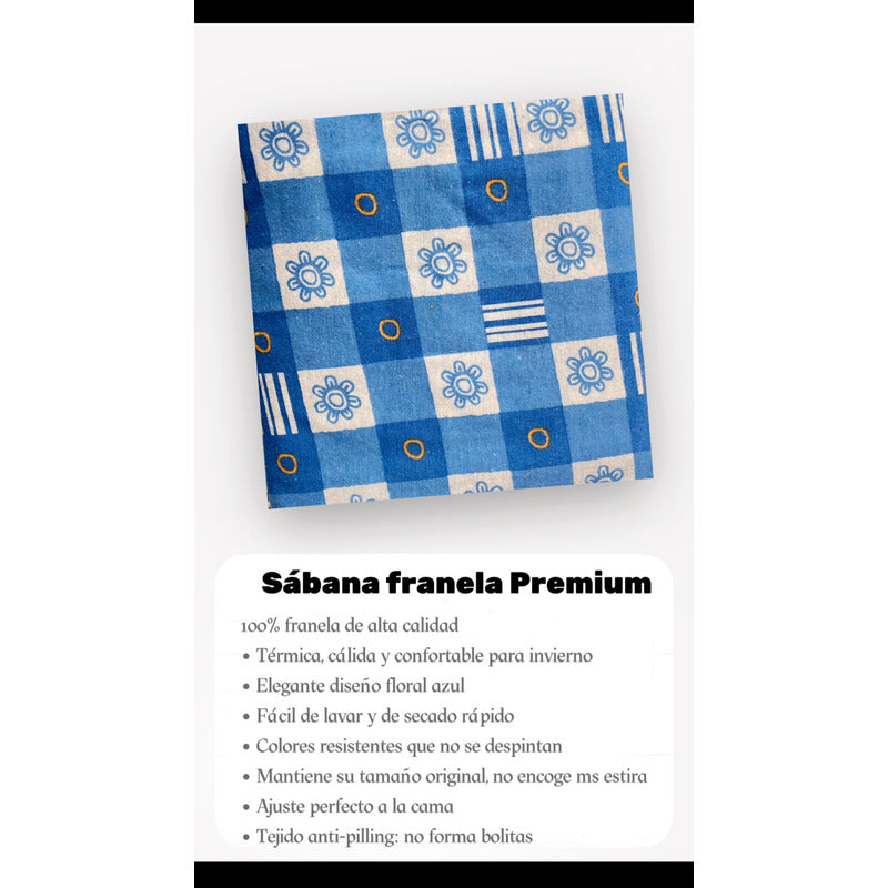 Juego De Sabanas Franela Mariol 100% Algodón Matrimonial Azul Acero Cuadro Flor Azul