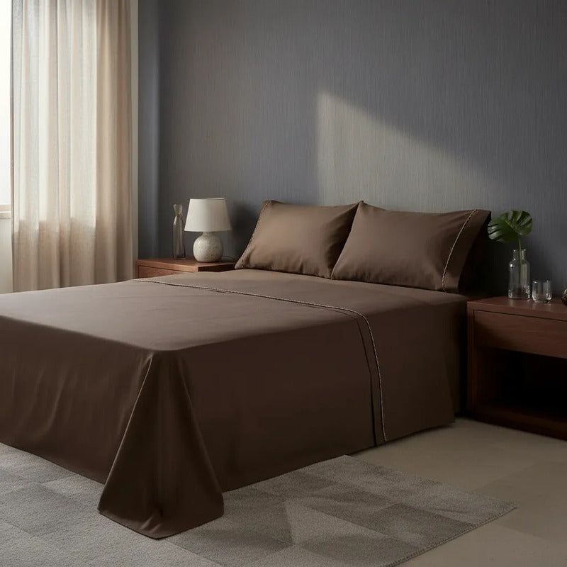 Juego De Sábanas Matrimonial Algodón Percal 144 Hilos-fresca Chocolate Lisa Suave Y Transpirable De Calidad Premium
