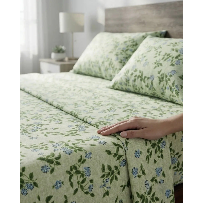 Juego De Sabanas Franela Mariol 100% Algodón Matrimonial Verde Claro Floresta Verde Claro
