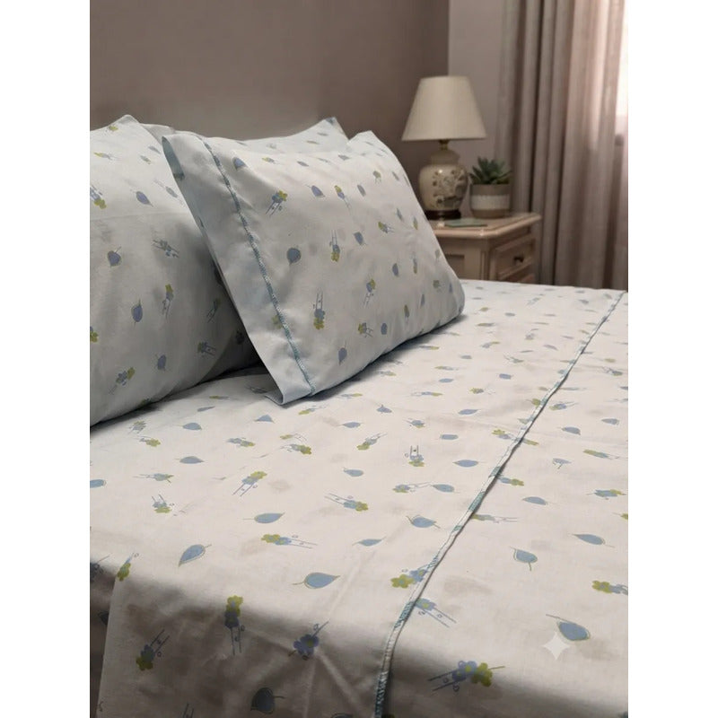 Sabana Hotelera Fátima 150 Hilos Matrimonial -- Cajón Amplio Azul Claro Margarita Azul