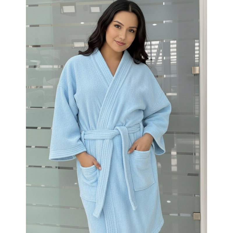 Bata De Baño Leonora Rasurada 100% Algodón Super Absorbente Celeste Azul Cielo M-l