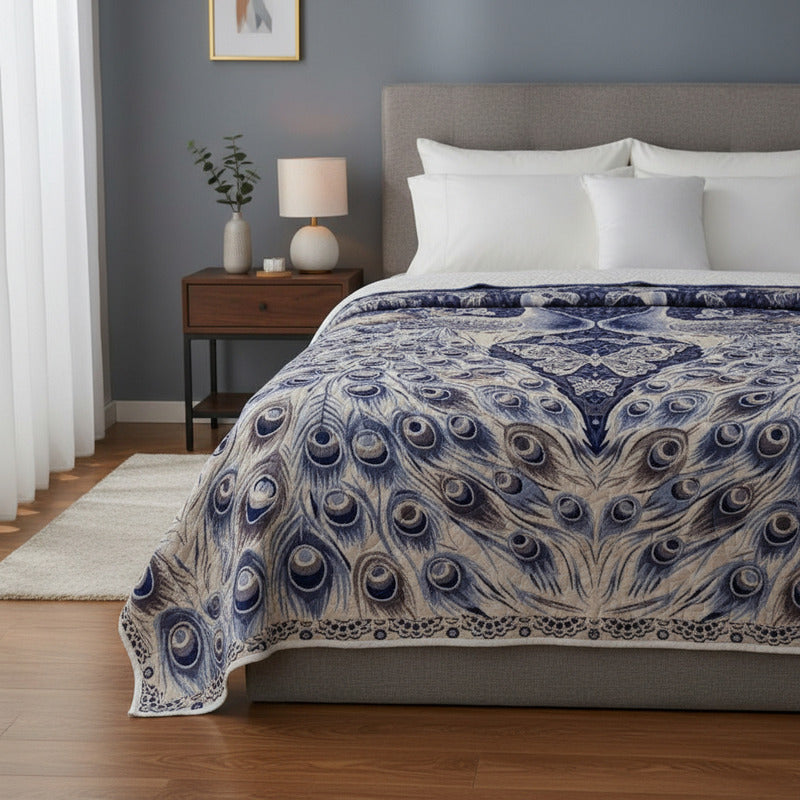 Colcha De Hilo Jacquard Leonora Premium Matrimonial Amplia Azul Marino