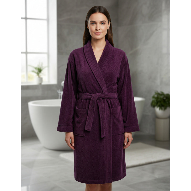 Bata De Baño Leonora Rasurada 100% Algodón Super Absorbente Violeta Morado M-l