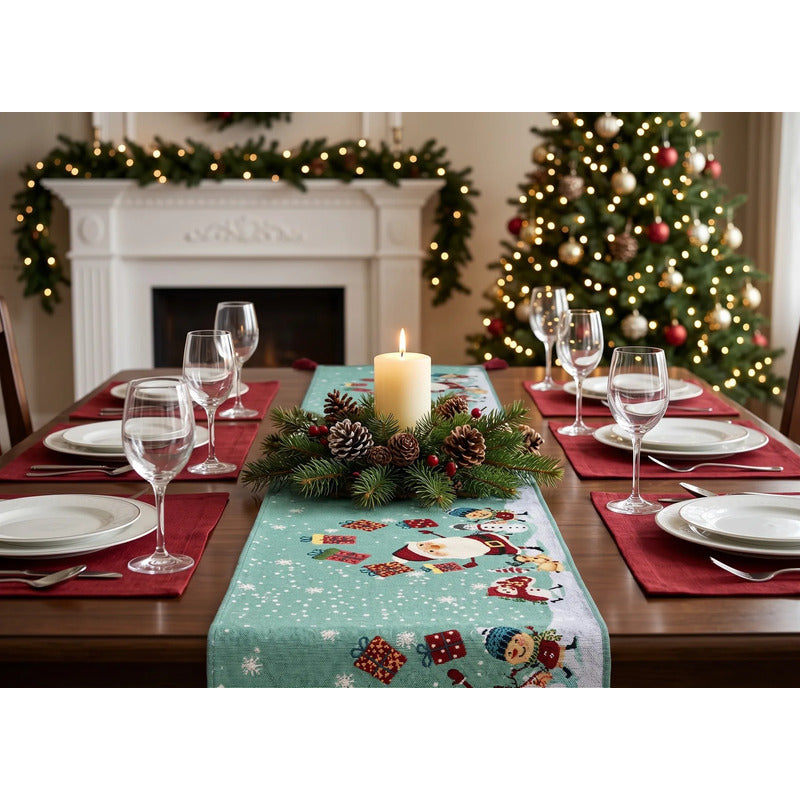 Kit Navideño: Camino De Mesa, Pie De Árbol, Fundas Y Tapete Turquesa