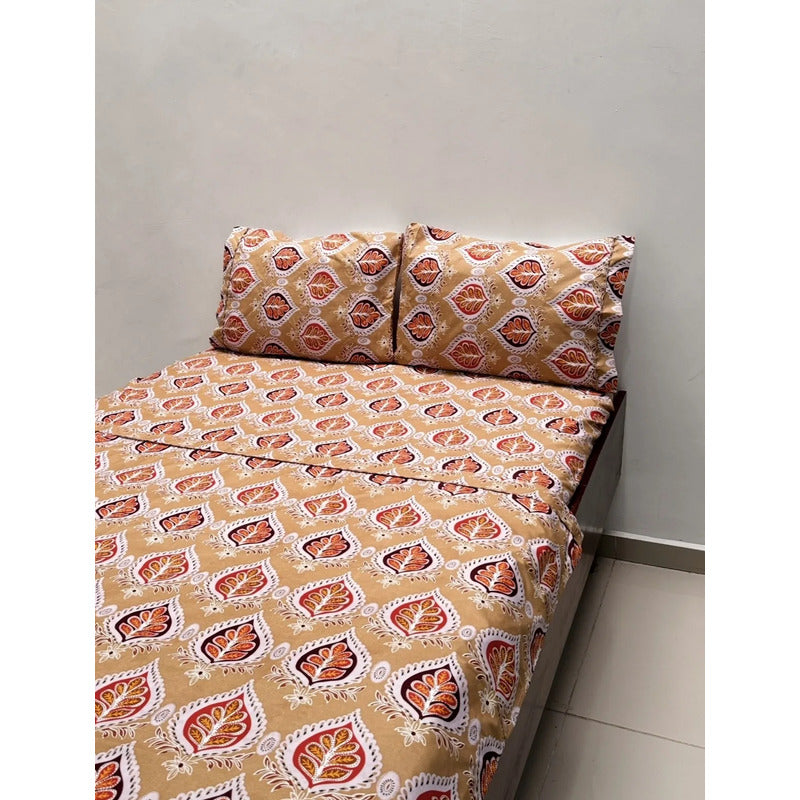 Juego De Sabana Matrimonial Leonora Tacto Suave Y Fresco Coral Claro Hojas Otoñal