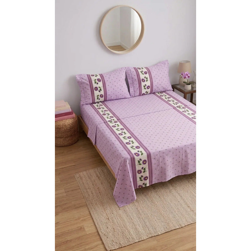 Juego De Sabanas Franela Mariol 100% Algodón Matrimonial Lavanda Mini Flor Morada