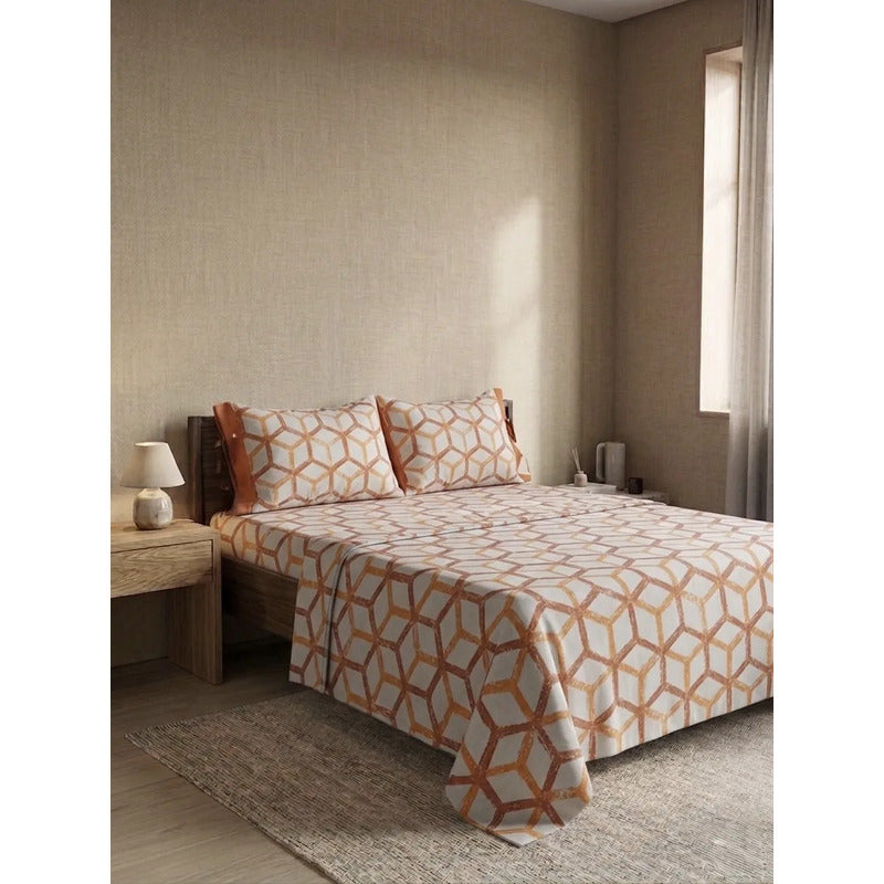 Juego Sabanas Matrimonial Amacener 100% Algodón Cajón Alto Naranja Claro Rombo Naranja