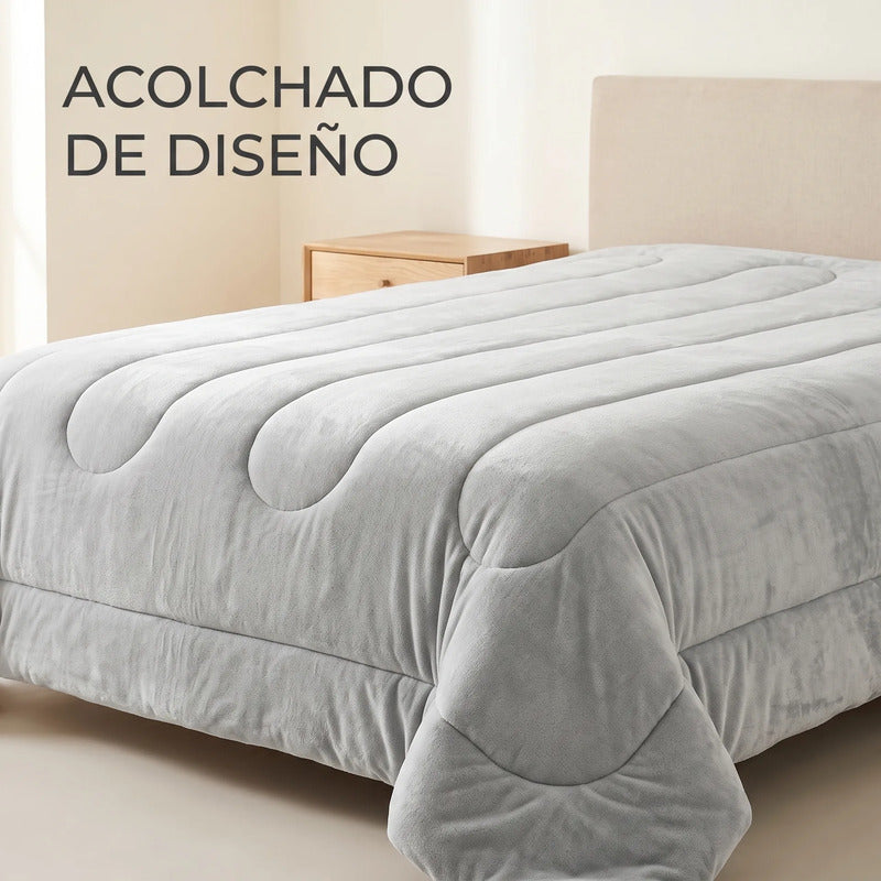 Edredón Matrimonial Acolchado Doble Vista Textura Térmica Gris Piel De Conejo