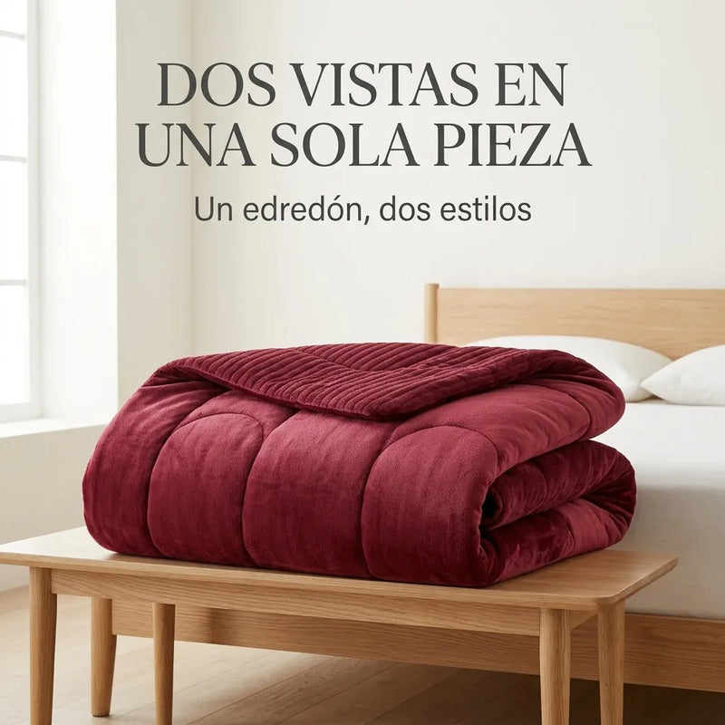 Edredón Matrimonial Acolchado Doble Vista Textura Térmica Vino Piel De Conejo