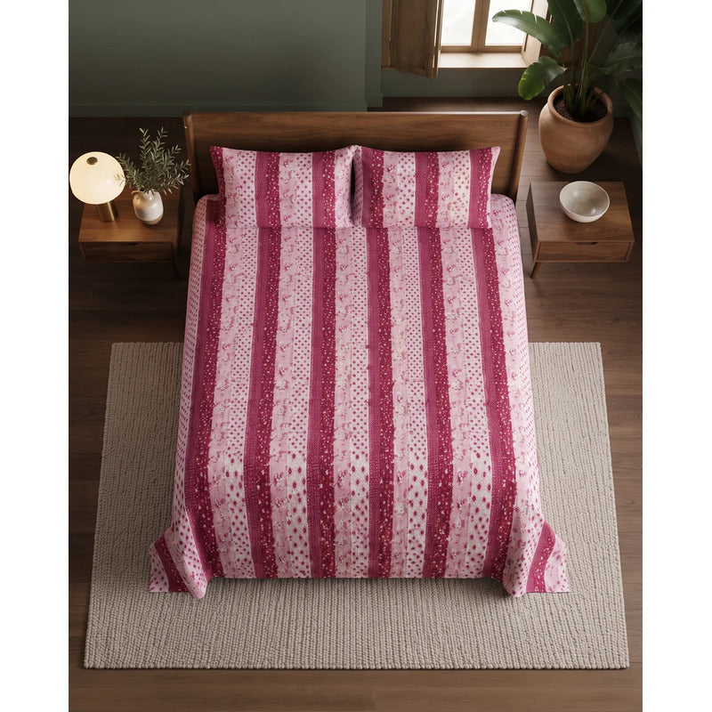 Juego De Sabanas Franela Mariol 100% Algodón Matrimonial Rosa Chicle Franja Silvestre