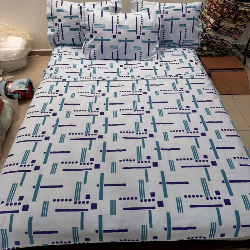 Juego De Sabanas Franela Mariol 100% Algodón King Size Azul Acero Trazos Azul