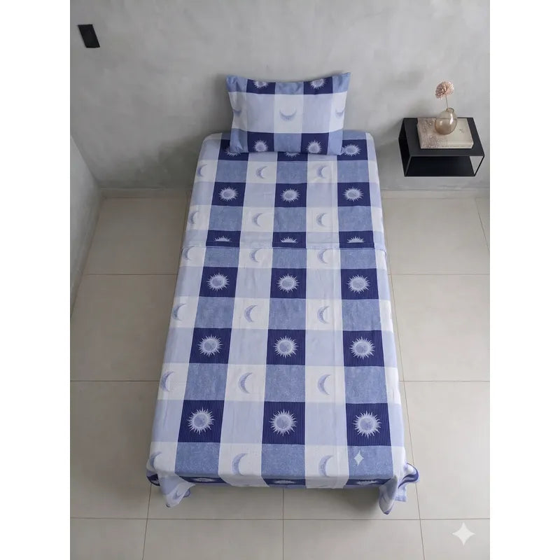 Juego De Sábana Mariol Individual 100% Algodón Premium Azul Acero Sol Y Luna Azul