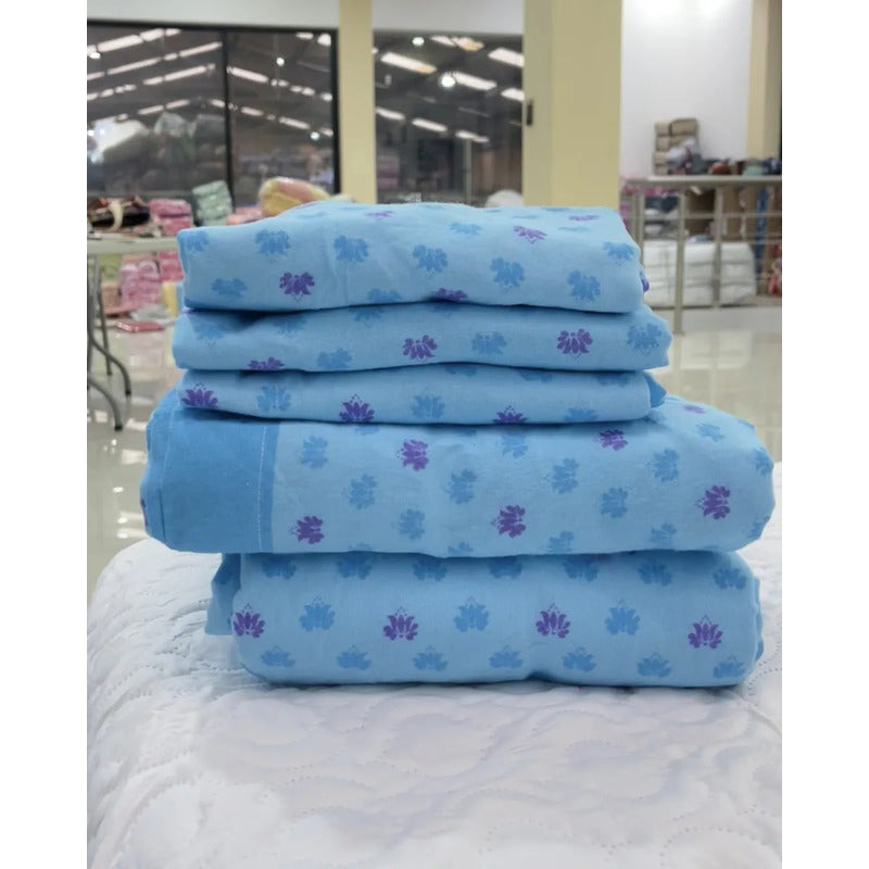 Juego De Sabanas Franela Mariol 100% Algodón King Size Azul Acero Mini Flor Azul