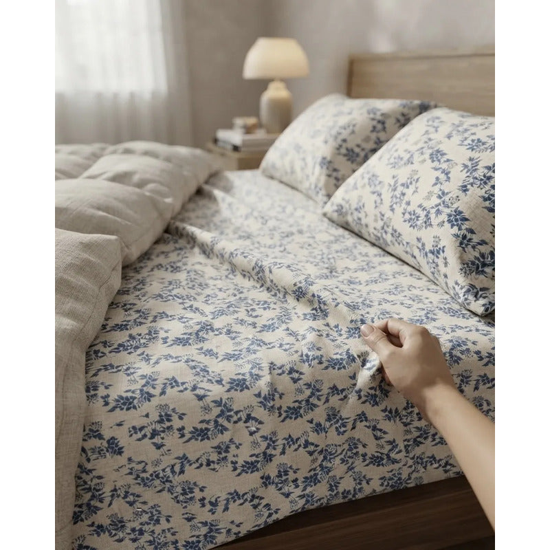 Juego De Sabanas Franela Mariol 100% Algodón Matrimonial Azul Claro Floresta Azul