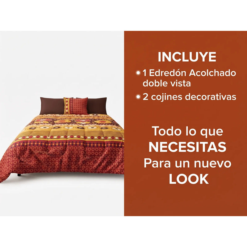 Edredon King Size Doble Vista +3 Cojines Decorativos Algodón Cafe/vino Circular