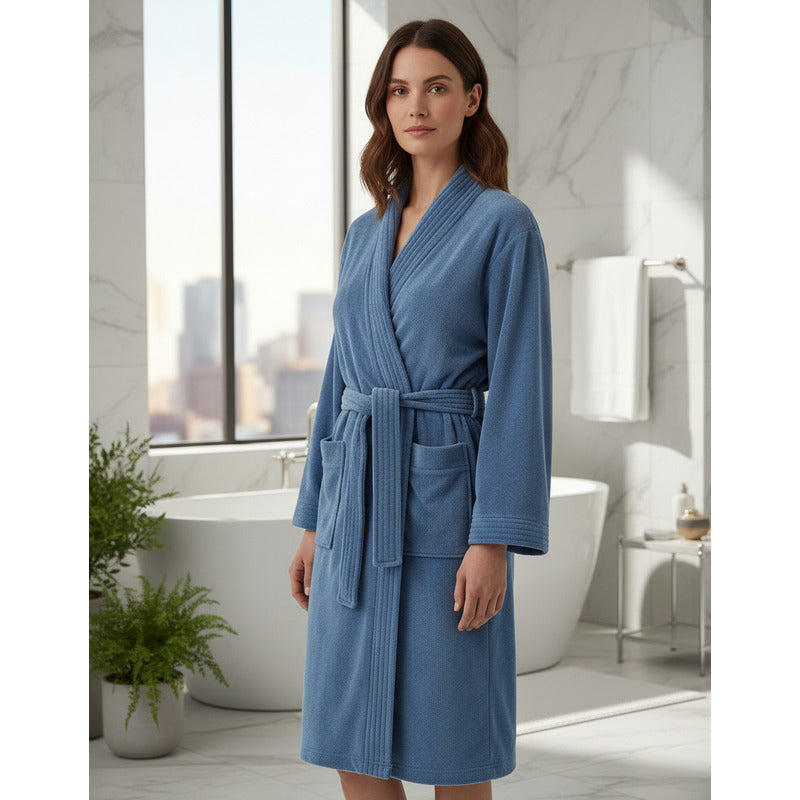 Bata De Baño Leonora Rasurada 100% Algodón Super Absorbente Azul Azul Acero M-l