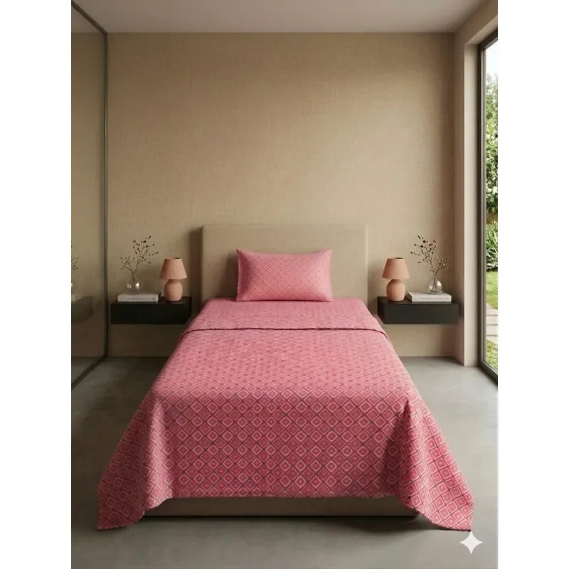 Juego De Sábana Mariol Individual 100% Algodón Premium Rosa Cuadro Espiral Rosa