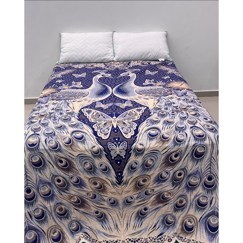 Colcha De Hilo Jacquard Leonora Premium Matrimonial Amplia Azul Marino