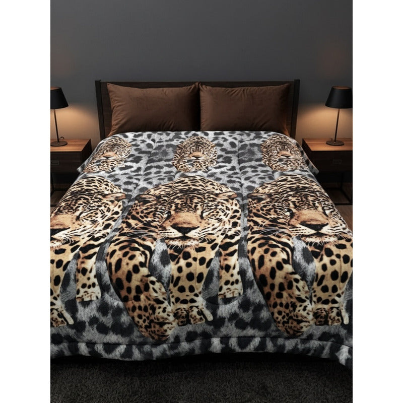 Cobertor Doble Vista Micro Grabado Amanecer Matrimonial Leopardos Marrón Claro