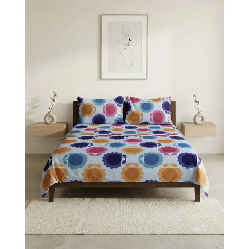 Juego De Sabana Matrimonial Leonora Tacto Suave Y Fresco Azul Claro Flor
