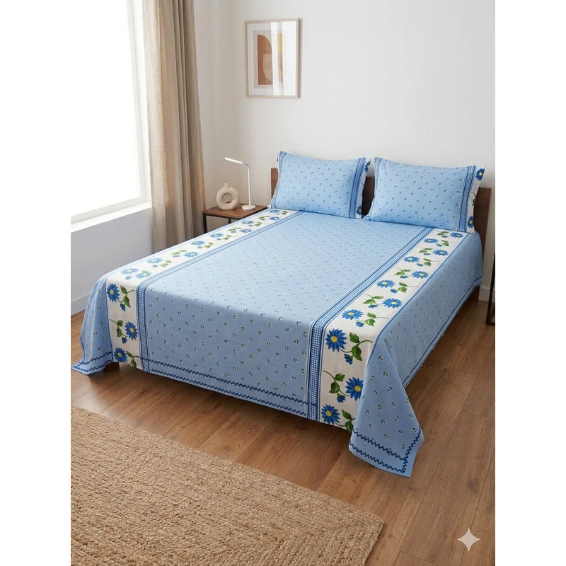Juego De Sabana Matrimonial 100% Algodón Suaves Y Frescas Azul Acero Mini Flor Azul