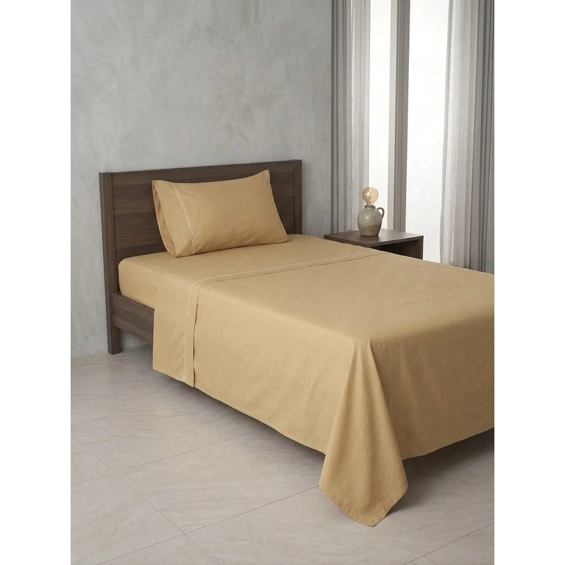 Juego De Sábana Individual Leonora Percal Lisa Algodón 144h Beige Beige Liso