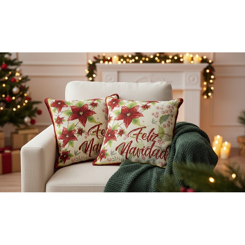 Kit Navideño: Camino De Mesa, Pie De Árbol, Fundas Y Tapete Beige Feliz Navidad