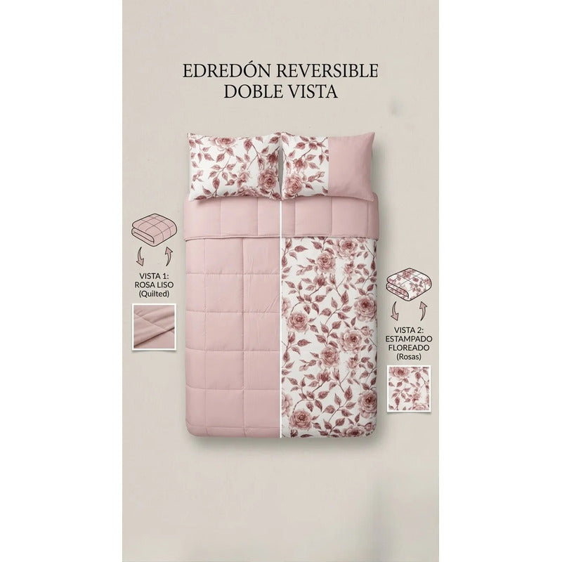 Edredón Acolchado Doble Vista Matrimonial Con Fundas Rosa Floreado