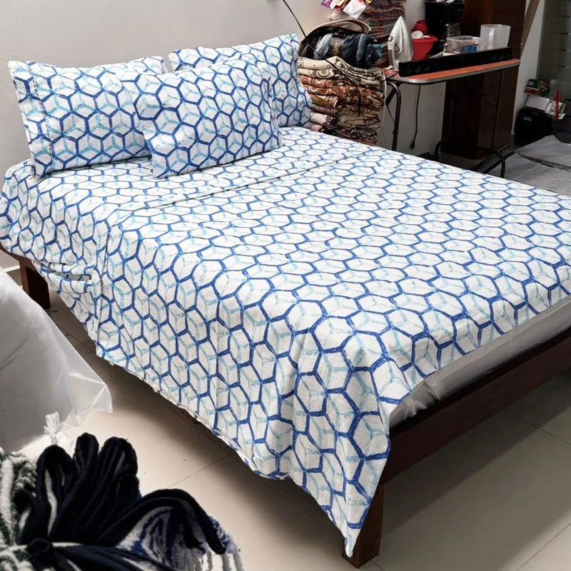 Juego De Sabanas Franela Mariol 100% Algodón King Size Azul Claro Rombo Azul