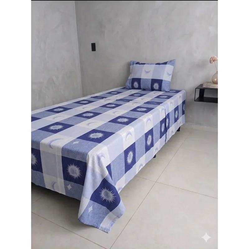 Juego De Sábana Mariol Individual 100% Algodón Premium Azul Acero Sol Y Luna Azul